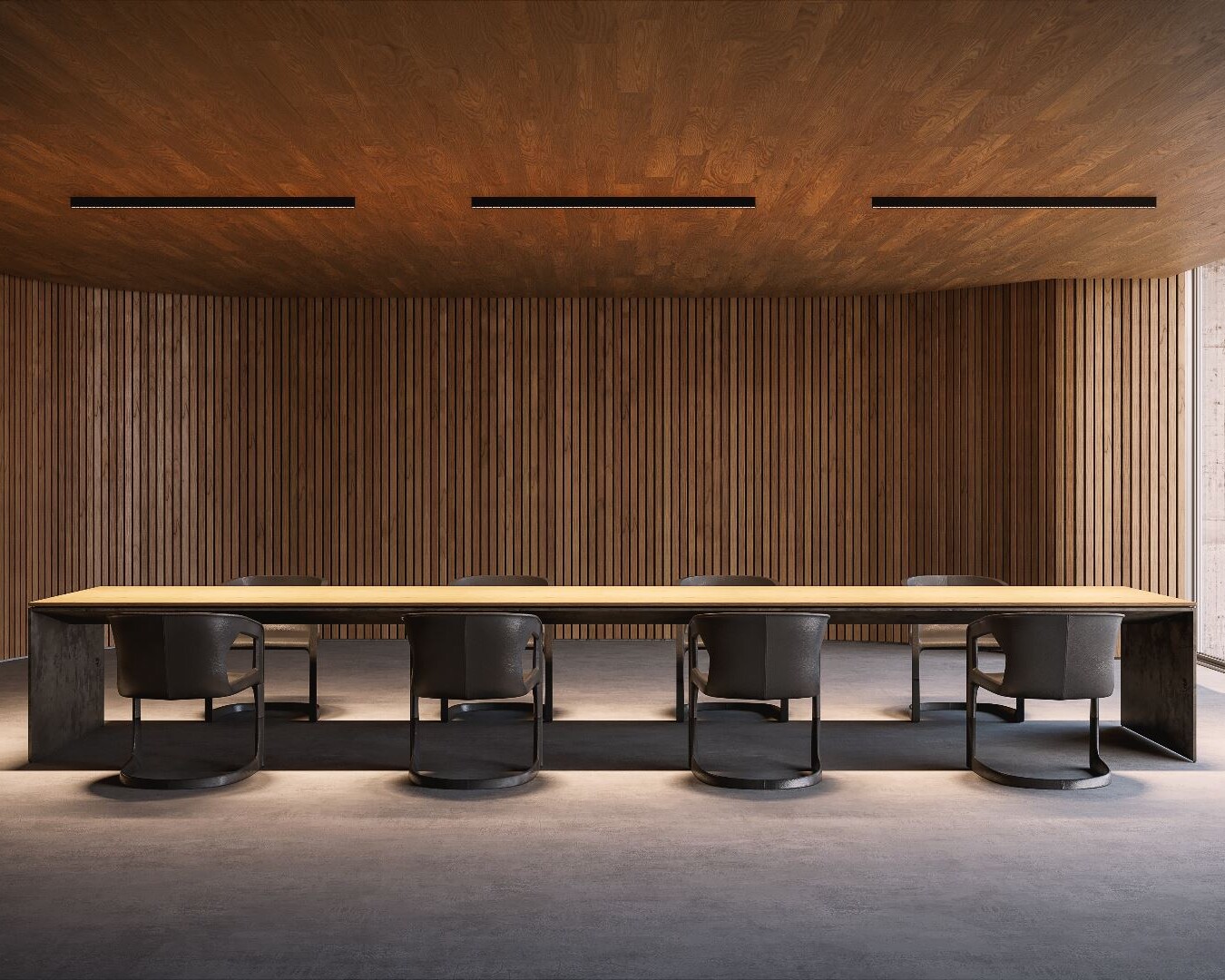 Rendering interni sala riunioni minimale con boiserie in legno 12 Rendering interni sala riunioni minimale con boiserie in legno